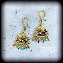 Load image into Gallery viewer, Eye of Horus earrings Eye of Udjat earrings Eye of Wedjat earrings Egyptian earrings Dangly earrings Eye of Ra Tunnel earrings Plug dangles