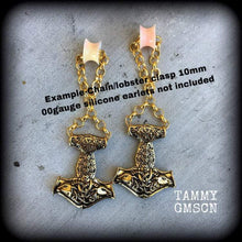 Load image into Gallery viewer, Thors Hammer earrings Rune earrings Viking jewelry Plug earrings Norse earrings Tanngrisnir 3mm Tunnel earrings Asgard Mjolnir Valhalla 8g