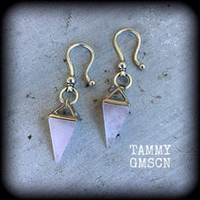 Load image into Gallery viewer, Rose Quartz earrings Gemstone earrings Dangle earrings Boho earrings Pink earrings Pagan earrings Pyramid earrings Crystal Quartz Gauges