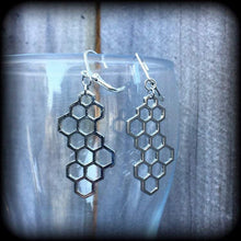 Load image into Gallery viewer, Hexagon earrings, Bee earrings, Honeycomb jewelry, Geometric earrings, Sacred Geometry, Earrings for pierced ears or stretched lobes, Gauges