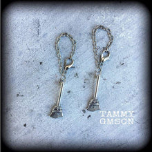 Load image into Gallery viewer, 4mm ear hangers Witchy plug dangles 5mm Besom 6mm 8mm 0 gauge tunnel dangles Witches broom Plug earrings For stretched ears Gauged earrings