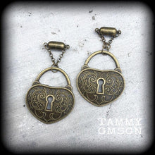 Load image into Gallery viewer, Padlock earrings Heart earrings Antique bronze earrings Tunnel dangles 2 gauge Steampunk jewelry Steampunk earrings 0 gauge plug earrings