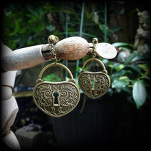 Load image into Gallery viewer, Padlock earrings Heart earrings Antique bronze earrings Tunnel dangles 2 gauge Steampunk jewelry Steampunk earrings 0 gauge plug earrings