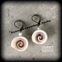 Load image into Gallery viewer, Shiva earrings Shell earrings Pink Mermaid Aphrodite Goddess earrings Boho Neptune Venus Beach Tunnel earrings Pierced ears Tunnel dangles