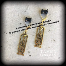 Load image into Gallery viewer, Cartouche earrings Nefertit earrings Egyptian earrings Evil eye earrings Eye of Ra Nefertiti jewelry Esoteric earrings Plug dangles Tunnels