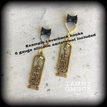 Load image into Gallery viewer, Nefertiti 8 gauge ear hangers Cartouche jewelry Egyptian 3mm Plug dangles Eye of Ra Eye of Horus Hanging gauges Gauged earrings 4mm 6mm 8mm