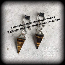Load image into Gallery viewer, Tigers Eye Earrings Gemstone earrings Pyramid Earrings Boho earrings Tigers eye jewelry Pierced ears Tunnel earrings Plug dangles Gauges