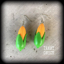 Load image into Gallery viewer, Corn earrings, Corn Cob, Vegan earrings, Vegetable, Food earrings, Thanksgiving, Christmas, Tunnel earrings, Novelty earrings, Plug gauges