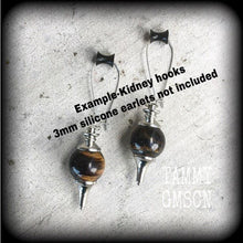 Load image into Gallery viewer, Tigers Eye earrings Gemstone earrings Boho earrings Tigers eye jewelry Pierced ears Tunnel earrings Plug dangles Gauged earrings Gauges