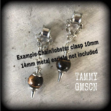 Load image into Gallery viewer, Tigers Eye earrings Gemstone earrings Boho earrings Tigers eye jewelry Pierced ears Tunnel earrings Plug dangles Gauged earrings Gauges
