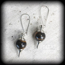 Load image into Gallery viewer, Tigers Eye earrings Gemstone earrings Boho earrings Tigers eye jewelry Pierced ears Tunnel earrings Plug dangles Gauged earrings Gauges