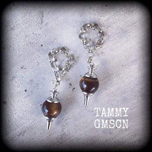 Load image into Gallery viewer, Tigers Eye 00 gauge weights Tigers Eye ear weight Gemstone ear hangers Hanging gauges Gauged earrings Tunnel dangles Plug dangles Gauges