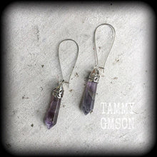 Load image into Gallery viewer, Amethyst earrings Amethyst jewelry Gemstone Earrings Purple Boho earrings Dangle earrings Tunnel earrings Plug earrings Chakra jewelry 2g