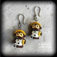 Load image into Gallery viewer, Tanuki earrings, Japanese earrings, Raccoon earrings, Kitsch earrings, Tunnel earrings for stretched ears, Plug earrings, Gauged earrings 8g