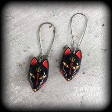 Load image into Gallery viewer, Black fox earrings Kitsune earrings Fox jewelry Yokai Japanese earrings Inari Fox earrings Tunnel earrings Plug dangles 8 gauge 3mm weights