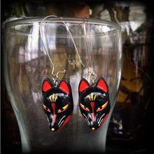 Load image into Gallery viewer, Black fox earrings Kitsune earrings Fox jewelry Yokai Japanese earrings Inari Fox earrings Tunnel earrings Plug dangles 8 gauge 3mm weights
