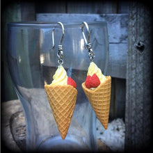 Load image into Gallery viewer, Ice cream earrings, Junk Food jewelry, Dessert earrings, Waffle Cone, Munchies, Candy, Dangle earrings, Plug earrings, Tunnel earrings, 2g