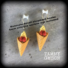 Load image into Gallery viewer, Ice cream earrings, Junk Food jewelry, Dessert earrings, Waffle Cone, Munchies, Candy, Dangle earrings, Plug earrings, Tunnel earrings, 2g