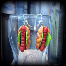 Load image into Gallery viewer, Hot Dog earrings, Novelty earrings, Party earrings, Sausage, BBQ earrings, Food earrings, Kransky, Munchies, Tunnel earrings, Plug earrings