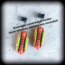 Load image into Gallery viewer, Hot Dog earrings, Novelty earrings, Party earrings, Sausage, BBQ earrings, Food earrings, Kransky, Munchies, Tunnel earrings, Plug earrings