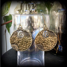 Load image into Gallery viewer, Voodoo earrings, Large bronze earrings, Tribal earrings, Ornate bronze earrings, Ogoun jewelry, Tunnel earrings, Plug earrings, Loa jewelry