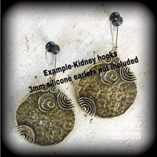 Load image into Gallery viewer, Voodoo earrings, Large bronze earrings, Tribal earrings, Ornate bronze earrings, Ogoun jewelry, Tunnel earrings, Plug earrings, Loa jewelry