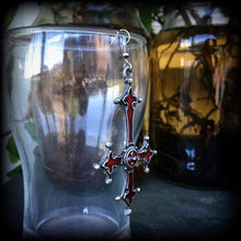 Load image into Gallery viewer, Single earring, Red inverted Cross earring, Satanic jewelry, Evil, Gothic, Esoteric, Occult jewelry, Tunnel earring, Plug dangle, CoS, TOS