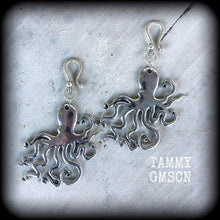 Load image into Gallery viewer, Octopus earrings, Octopus ear weights, Silver octopus, Lovecraft, Big earrings, Nautical earrings, Kraken earrings, Ocean life earrings