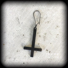 Load image into Gallery viewer, Single earring, Black inverted Cross earring, Satanic jewelry, Evil, Gothic, Esoteric, Occult jewelry, Tunnel earring, Plug dangle, CoS, TOS