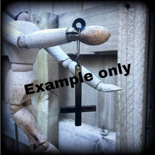 Load image into Gallery viewer, Single earring, Black inverted Cross earring, Satanic jewelry, Evil, Gothic, Esoteric, Occult jewelry, Tunnel earring, Plug dangle, CoS, TOS