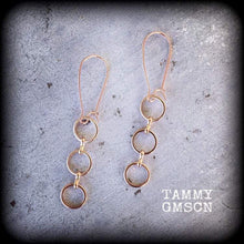 Load image into Gallery viewer, Minimal earrings, Circle drop earrings, Tiered circle earrings, Geometric jewelry, Fashion earrings, Metal work, Pierced ears, Gauges