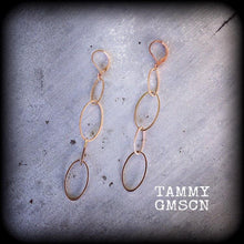 Load image into Gallery viewer, Oval earrings, Gold geometric earrings, Tiered oval earrings, Geometric jewelry, Drop earrings, Metal work, Pierced ears, Gauged earrings