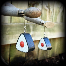 Load image into Gallery viewer, Sushi earrings, Onigiri earrings, Sushi jewelry, Food jewelry, Rice jewelry, Japanese earrings, Yum Cha jewelry, Tunnel dangles, Plug gauges