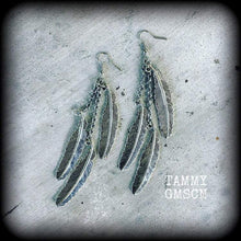 Load image into Gallery viewer, Feather earrings, Goddess earrings, Artemis earrings, Boho earrings, Dangle earrings, For pierced ears, For stretched ears, Gauged earrings