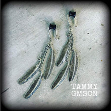 Load image into Gallery viewer, Feather earrings, Goddess earrings, Artemis earrings, Boho earrings, Dangle earrings, For pierced ears, For stretched ears, Gauged earrings