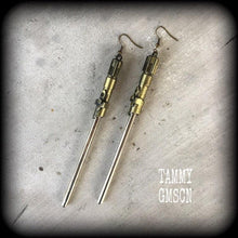 Load image into Gallery viewer, Light sabre earrings Star Wars earrings Dangle earrings Science Fiction earrings Nerd earrings Gamer earrings Gauged earrings Tunnel dangles
