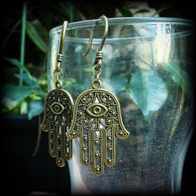 Load image into Gallery viewer, Evil Eye ear hangers, Hamsa hand earrings, Hand of Fatima earrings, Hamesh Hand earrings, Dangle earrings, Plug dangles, Tunnel dangles, 4mm