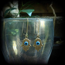 Load image into Gallery viewer, Hamsa earrings, Hand of Fatima earrings,  Evil eye earrings, Hand of Miriam, Hamsa hand, For pierced ears, Plug earrings, Tunnel earrings