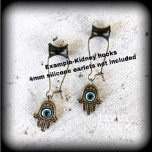 Load image into Gallery viewer, Hamsa earrings, Hand of Fatima earrings,  Evil eye earrings, Hand of Miriam, Hamsa hand, For pierced ears, Plug earrings, Tunnel earrings