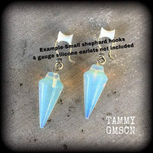 Load image into Gallery viewer, Opalite earrings, Moonstone earrings, Pendulum earrings, Wicca earrings, Gemstone earrings, Tunnel earrings, Crystal, For pierced ears