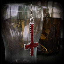 Load image into Gallery viewer, Single earring, Red inverted Cross earring, Satanic jewelry, Evil, Gothic, Esoteric, Occult jewelry, Tunnel earring, Plug dangle, CoS, TOS