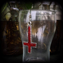 Load image into Gallery viewer, Single earring, Red inverted Cross earring, Satanic jewelry, Evil, Gothic, Esoteric, Occult jewelry, Tunnel earring, Plug dangle, CoS, TOS