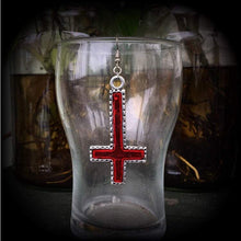 Load image into Gallery viewer, Single earring, Red inverted Cross earring, Satanic jewelry, Evil, Gothic, Esoteric, Occult jewelry, Tunnel earring, Plug dangle, CoS, TOS