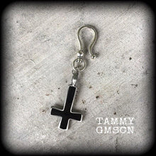 Load image into Gallery viewer, Single earring, Black inverted Cross earring, Satanic jewelry, Evil, Gothic, Esoteric, Occult jewelry, Tunnel earring, Plug dangle, CoS, TOS