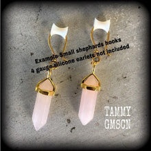 Load image into Gallery viewer, Rose quartz earrings 3mm weights 8 gauge Gemstone plugs Plug earrings Tunnel earrings Hanging gauges Ear hangers Plug gauges Plug dangles 2g