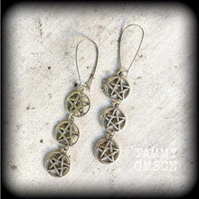 Load image into Gallery viewer, Pentagram earrings Triple pentagram Triple goddess earrings Wicca Witchy Pentacle Tunnel earrings Plug earrings Gauged earrings Kidney hooks