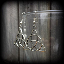 Load image into Gallery viewer, Charmed earrings, Triquetra earrings, Trinity Knot earrings, Pagan earrings, Celtic earrings, Irish earrings, Plug earrings, Tunnel earrings