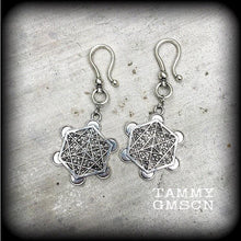 Load image into Gallery viewer, Metatrons cube earrings, Sacred Geometry, Geometric earrings, Hexagon earrings, Chakra jewelry, Platonic solids, Large earrings, Heavy 0g