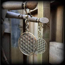 Load image into Gallery viewer, Flower of Life earrings Sacred Geometry Geometric earrings 6mm ear hangers Seed of life 2 gauge plug earrings 0g Tunnel earrings Ear weights
