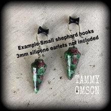 Load image into Gallery viewer, Gemstone earrings Ruby in Fuchsite Crystal earrings Dangle earrings Boho earrings Pagan Boho Quartz Dangle earrings Pierced ears Leverback